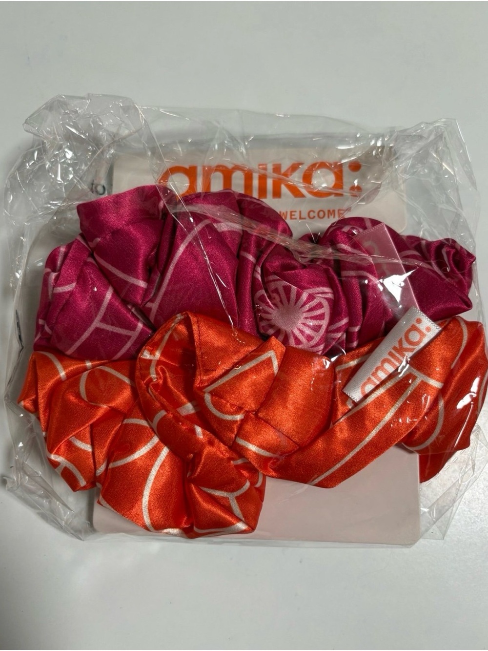 amika Giant Satin Scrunchie Set in Magenta & Orange